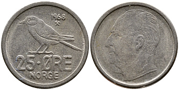 Норвегия 25 эре 1968 Улаф V (1958-1991), синица KM 407 медно-никель 29-1139