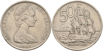 Новая Зеландия 50 центов 1967 Елизавета II (1952-2022), парусник Индевор KM 37.1 медно-никель    4599-1112