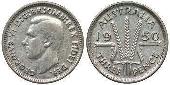 Австралия 3 пенса 1950 m, Георг VI (1937-1952), без букв KM 44 серебро 71-251