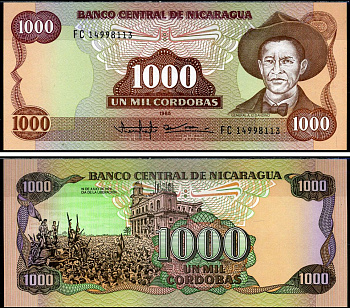 Никарагуа 1000 кордоба 1985 (1988) серия FC, Генерал Аугусто Сесар Сандино Pick 156b бумага UNC (пресс) 6283-32-3-2