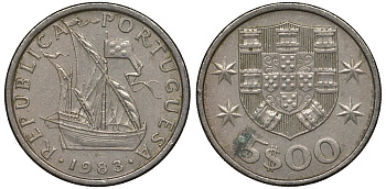 Португалия 5 эскудо 1983 парусник KM 591 медно-никель 4122-345