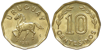 Уругвай 10 сентесимо 1981 KM 66 алюминиевая бронза 4169-525