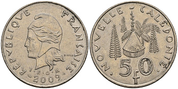 Французская Новая Каледония 50 франков 2009 хижина среди сосен и пальм, (IEOM) KM 13a, Schoen 15a, Lec 128i медно-никель 4111-823