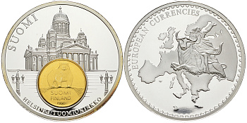 Нидерланды медаль 1993 серия европейские доевровые монеты, 54 гр., 50 мм.,с сертификатом, Финляндия, Хельсенки  серебрение  PROOF  06-026-41