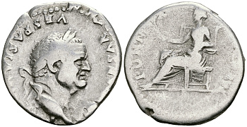 Римская Империя денарий 75 Веспасиан PON MAX TR P COS VI Пация, персонификация Мира Рим Very fine RIC 90 серебро 1073-3-113