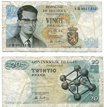 Бельгия 20 франков 1964 Бодуэн I, атомиум, d Haeze Pick 138 (1) бумага 8612-16-3-2