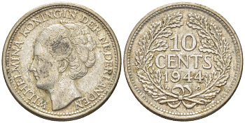 Нидерланды 10 центов 1944 Вильгельмина (1890-1948) KM 163 серебро aUNC 4392-1266