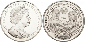 Фолклендские острова 1 крона 2007 экспедиции к Южному полюсу Скотта и Амундсена, 1911 KM 158 медно-никель UNC 74-224