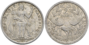 Французская Новая Каледония 2 франка 1983 птица кагу, (IEOM) KM 14, Schoen 11, Lec 63 алюминий    08-955