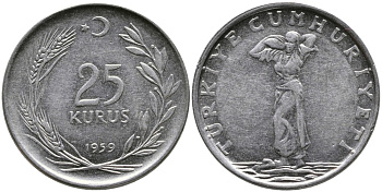 ТУРЦИЯ 25 КУРУШЕЙ 1959 KM 892.1 нержавеющая сталь 4541-534