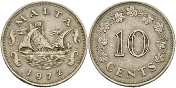 Мальта 10 центов 1972 баржа Великого магистра KM 11 медно-никель 4137-823