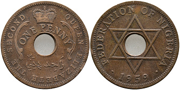 Нигерия 1 пенни 1959 Елизавета II (1952-), Британский протекторат KM 2 бронза 51-212