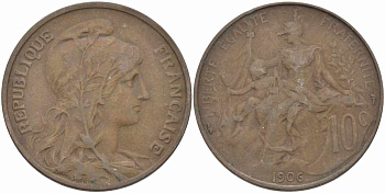 ФРАНЦИЯ 10 САНТИМОВ 1906 ТИП ДАНИЭЛЬ ДЮПЮИ KM 843, LA FRANC 136.16 бронза 109-224