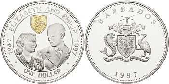 Барбадос 1 доллар 1997 золотая свадьба королевы Елизаветы и принца Филиппа, позолота KM 64 серебро PROOF 1084-7-45