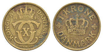 Дания 1 крона 1925 HCN, Кристиан X (1912-1947) KM 824 алюминиевая бронза 4657-317
