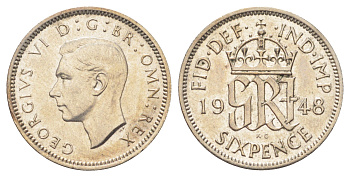 Великобритания 6 пенсов 1948 Георг VI (1936-1952) KM 862, Spink 4105 медно-никель aUNC 4708-727