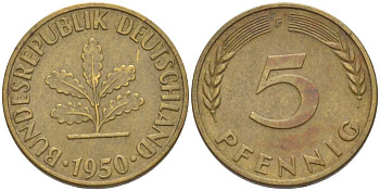 ФРГ 5 ПФЕННИГОВ 1950 F KM 107, J. 382 сталь плакированная латунью 66-759
