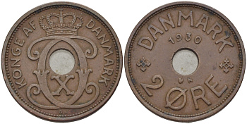 ДАНИЯ 2 ЭРЕ 1930 N; GJ, КРИСТИАН X (1912-1947) KM 827.2 бронза 28-345