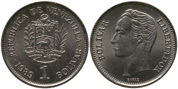 Венесуэла 1 боливар 1989 Симон Боливар KM 52a.2 сталь плакированная никелем 4529-131