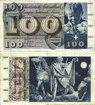 Швейцария 100 франков 1965 23 декабря 1965, серия 53 S, подпись 40 Pick 49 h бумага 8606-24-1-1