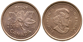 Канада 1 цент 2004 Елизавета II (1952-2022), кленовый лист KM 490 цинк плакированный медью 220-1021
