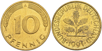 ФРГ 10 пфеннигов 1991 A KM 108, J. 383 сталь плакированная латунью 4175-335