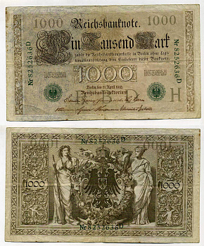 Германия 1000 марок 1910 зеленая печать, 7 значный номер Pick 45 b  бумага   8610-44-1-1