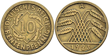 ГЕРМАНИЯ 10 РЕНТЕНПФЕННИГОВ 1923 А KM 33, J. 309 алюминиевая бронза 4401-343