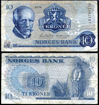 Норвегия 10 крон 1974 Фритьоф Нансен, рыбак, шхуна Pick 36 b бумага 7553-9-1-2