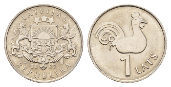 Латвия 1 лат 2005 Петух церкви Святого Петра KM 65 медно-никель UNC 4679-322