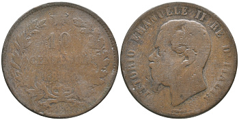 ИТАЛИЯ 10 ЧЕНТЕЗИМО 1863 ВИКТОР ИМАНУИЛ II (1861-1878) KM 11.2 медь 32-546