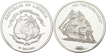 Либерия 10 долларов 2003 парусное судно "The Flying Cloud" 1851 год (летающее облако) KM 708 серебро PROOF 1095-8-62