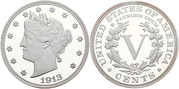 США 5 центов 1913 LIBERTY копия известной редкой монеты в серебре  серебро  PROOF  06-266-34