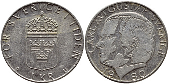 Швеция 1 крона 1980 Карл XVI Густав (1973- ) KM 852 медь плакированная медно-никелем 4397-945