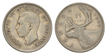 Канада 25 центов 1942 Георг VI (1936-1952), олень KM 35 серебро 4622-814