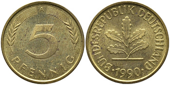 ФРГ 5 ПФЕННИГОВ 1990 A KM 107, J. 382 сталь плакированная латунью UNC 96-1224