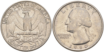 США 25 центов = квотер 1990 P, Вашингтон KM A164a медь плакированная медно-никелем 4114-926