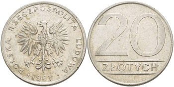 ПОЛЬША 20 ЗЛОТЫХ 1987 MW KM 153.1 медно-никель 4542-114