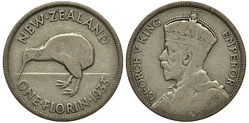 Новая Зеландия 1 флорин 1933 Георг V (1910-1936), птичка киви KM 4 серебро 272-1124