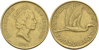 Новая Зеландия 2 доллара 1991 Елизавета II (1952-2022), большая белая цапля KM 79 алюминиевая бронза 59-521