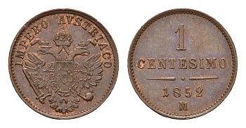 Ломбардия-Венеция 1 чентезимо 1852 M, год-тип C 29 медь aUNC 441-932