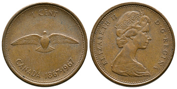 КАНАДА 1 ЦЕНТ 1967 100 ЛЕТ КОНФЕДЕРАЦИИ, ГОД ТИП KM 65 бронза 84-955