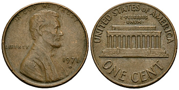 США 1 цент 1971 D, Линкольн KM 201 медь цинк 4136-133