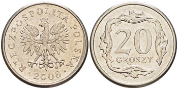 Польша 20 грошей 2008 MW KM 280 медно-никель 201-524