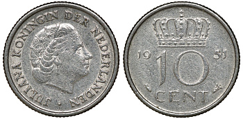 Нидерланды 10 центов 1951 Юлиана (1949-1980) KM 182 никель 72-1711
