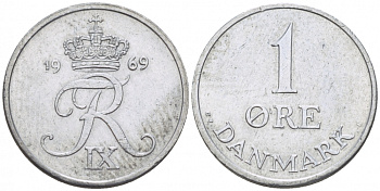 ДАНИЯ 1 ЭРЕ 1969 С; S, ФРЕДЕРИК IX (1947-1972) КМ 839.2 цинк 3309-114