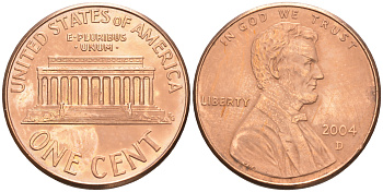 США 1 ЦЕНТ 2004 D ЛИНКОЛЬН KM 201b цинк плакированный медью 188-352