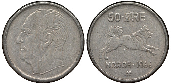 Норвегия 50 эре 1966 Улаф V (1957-1991), собака KM 408 медно-никель 4128-1133