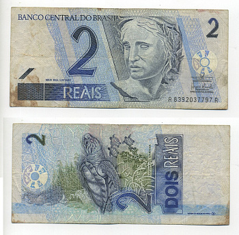 БРАЗИЛИЯ 2 РЕАЛА 2001 СЕРИЯ А-А 8392, ПОДПИСЬ 41, СТАТУЯ РЕСПУБЛИКИ Pick 249с бумага 7217-76-1