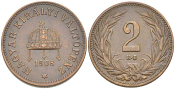 Венгрия 2 филлера 1908 KB, Франц Иосиф I (1848-1916) KM 481 бронза 201-228